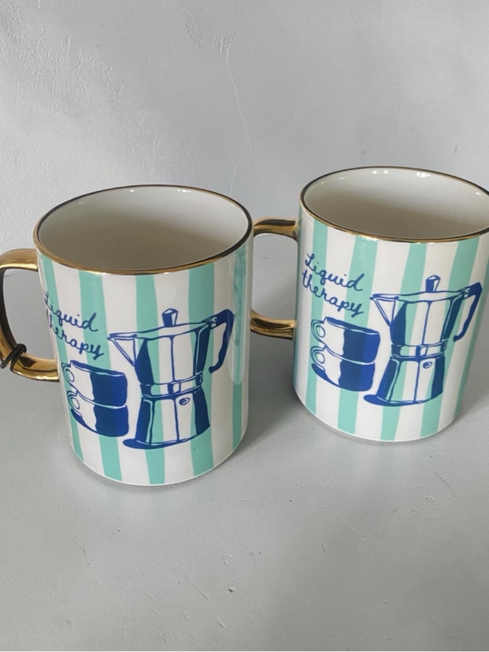 NWT Mud Pie Blue & Mint Striped Ceramic Coffee Mugs - Set of 2